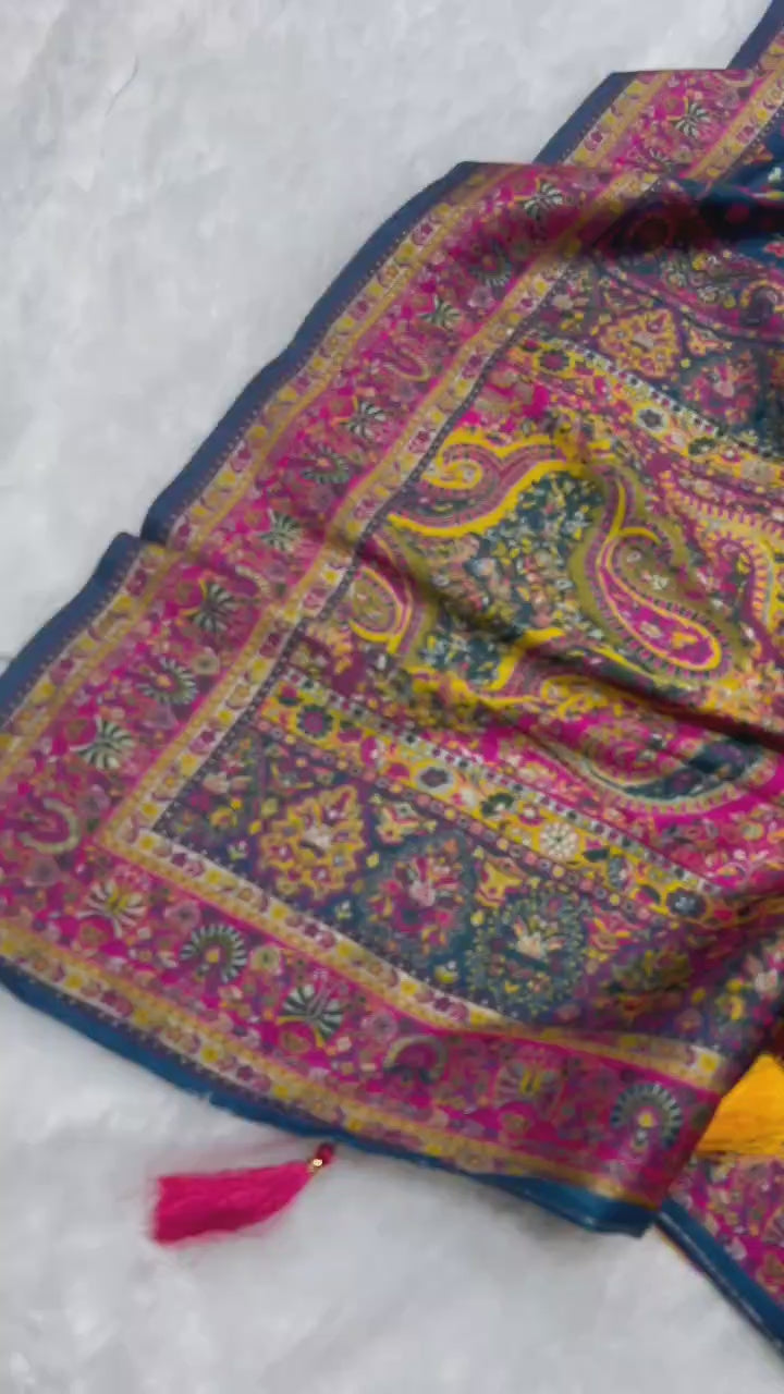 French Blue Pashmina Kashmiri Sarees with meena weaves and kashmiri weaves