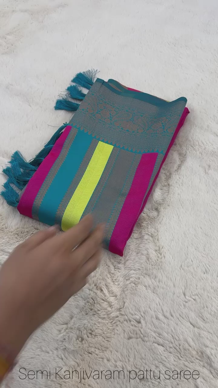 Persian Green Pure Soft Semi Kanjivaram Pattu Silk Saree