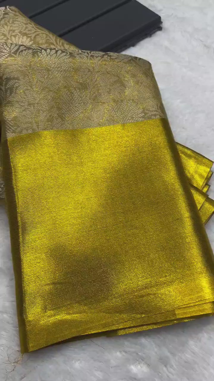 Dark Yellow Beautiful Banarsi Handloom Golden Tissue Zari Silk Saree