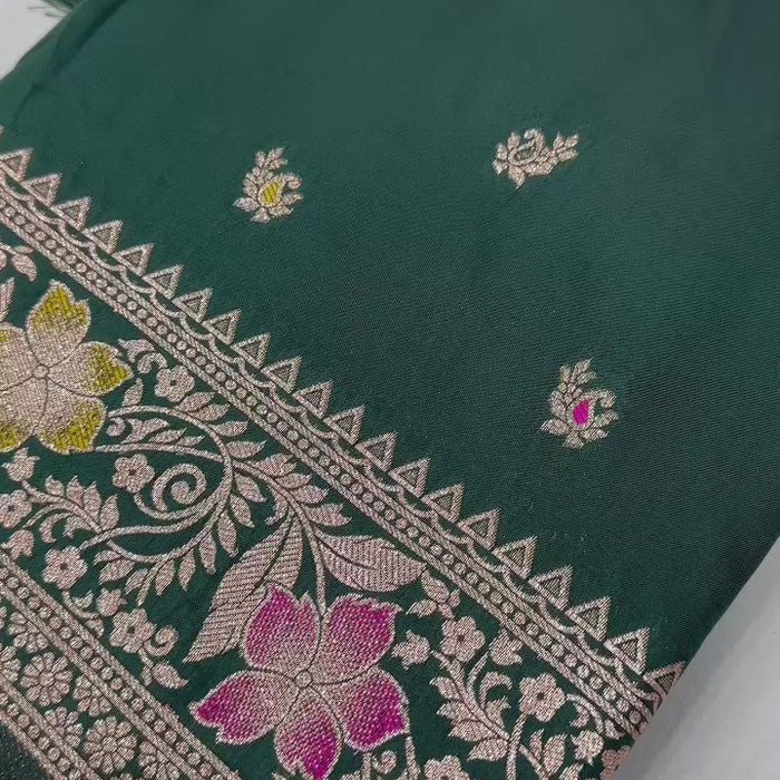 Bottle Green Soft Banarasi Silk Saree With Zari Weaving Meenakari