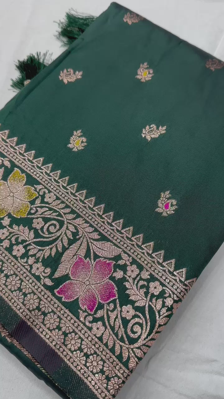 Bottle Green Soft Banarasi Silk Saree With Zari Weaving Meenakari