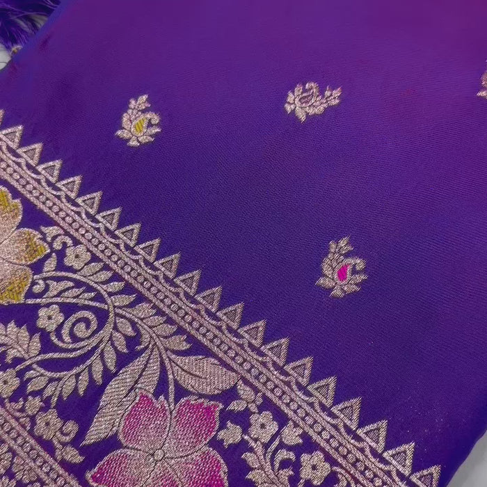 Violet Soft Banarasi Silk Saree With Zari Weaving Meenakari