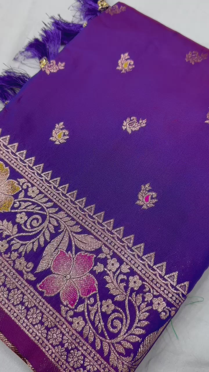 Violet Soft Banarasi Silk Saree With Zari Weaving Meenakari