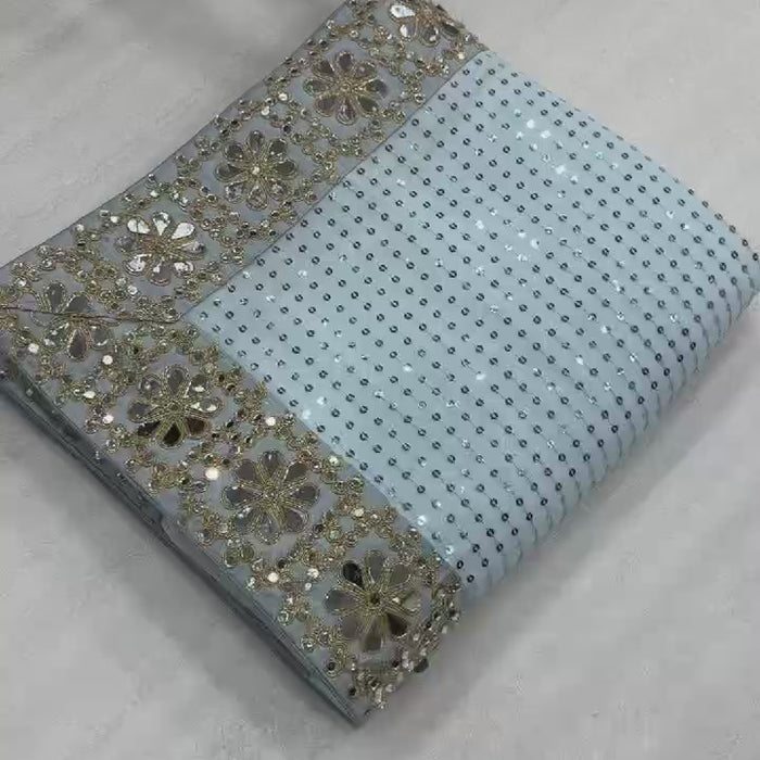 Powder Blue Georgette Saree With Embroidered Mirror Blouse