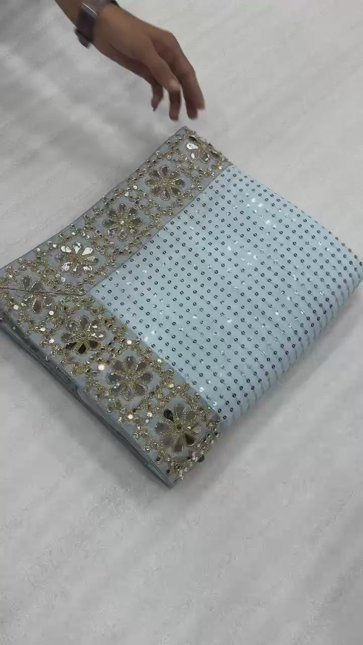 Powder Blue Georgette Saree With Embroidered Mirror Blouse