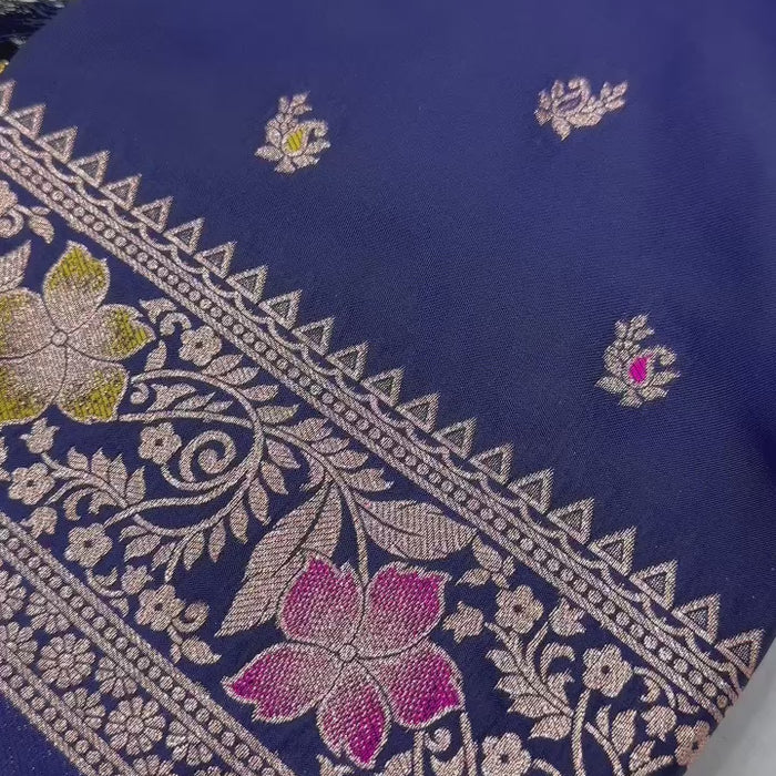 Navy Blue Soft Banarasi Silk Saree With Zari Weaving Meenakari