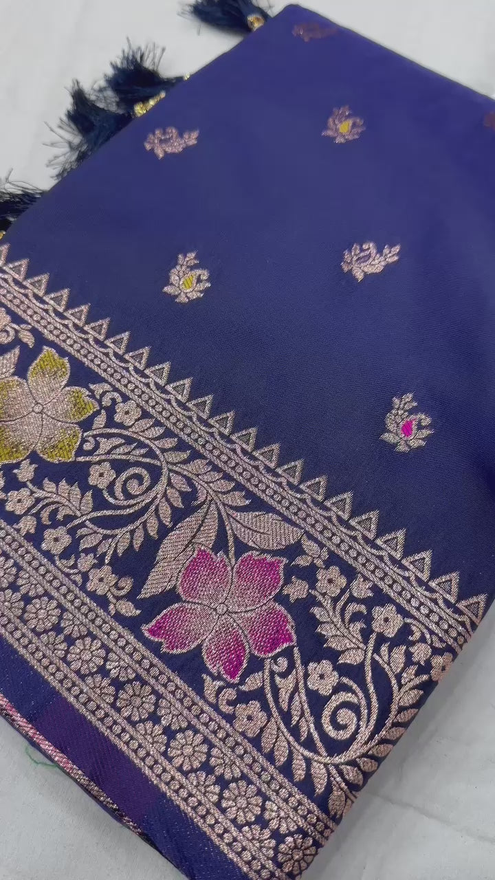 Navy Blue Soft Banarasi Silk Saree With Zari Weaving Meenakari