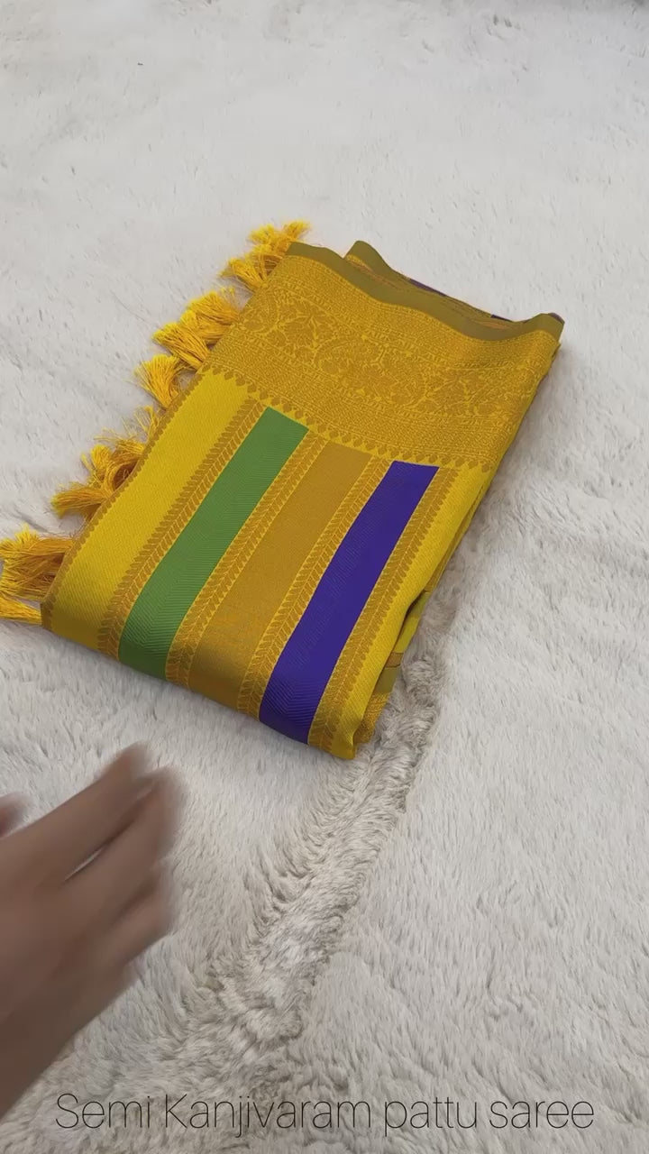 Yellow Pure Soft Semi Kanjivaram Pattu Silk Saree