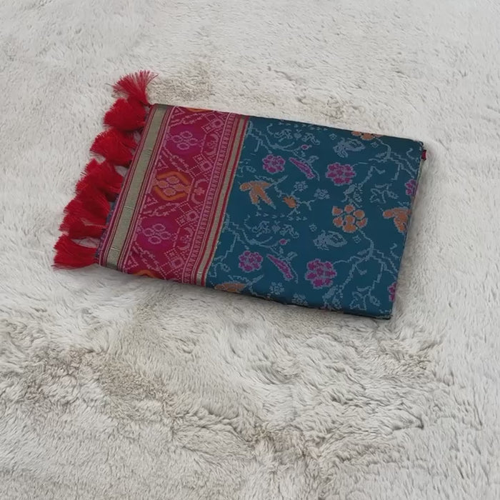 Teal and Pink Banarasi Patola Soft Silk Saree
