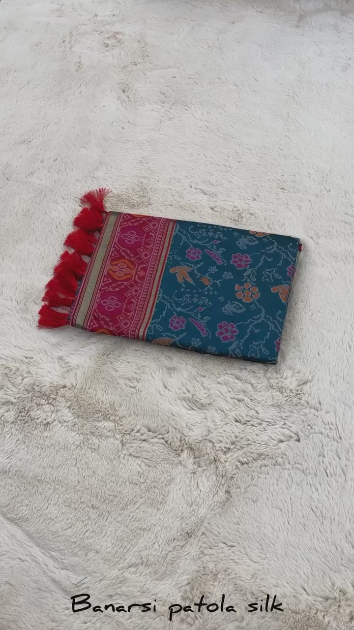 Teal and Pink Banarasi Patola Soft Silk Saree