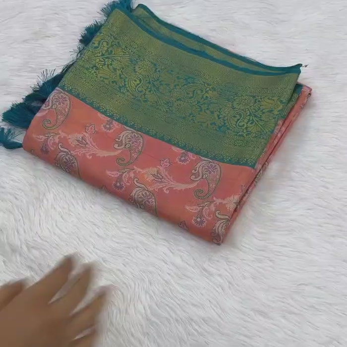 Peachy Pink Dharmavaram Soft Banarsi Tissue Saree