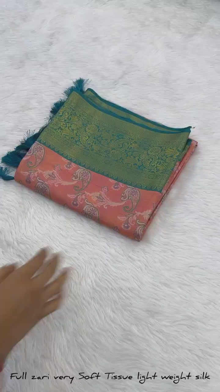 Peachy Pink Dharmavaram Soft Banarsi Tissue Saree
