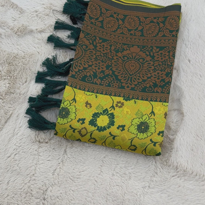 Yellow and Green Designer Tassels Banarsi Silk Saree