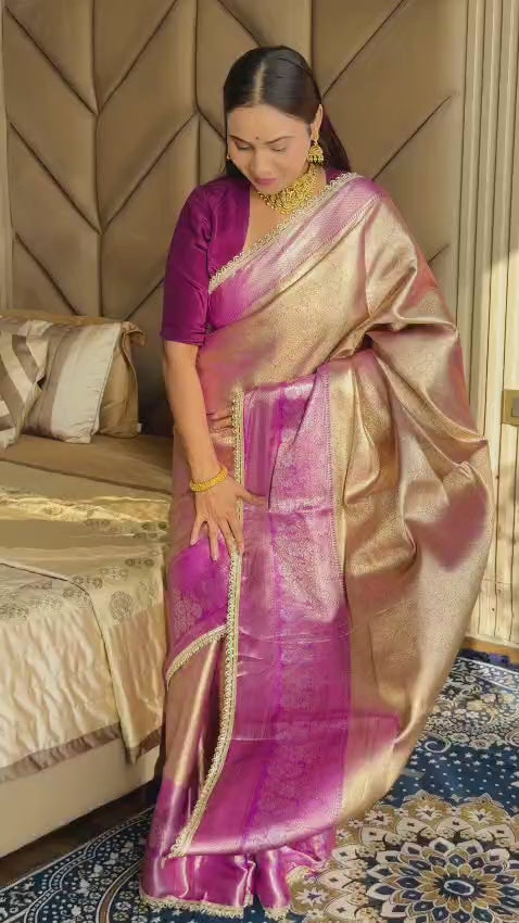 Rich Golden-Beige and Wine Silk Saree