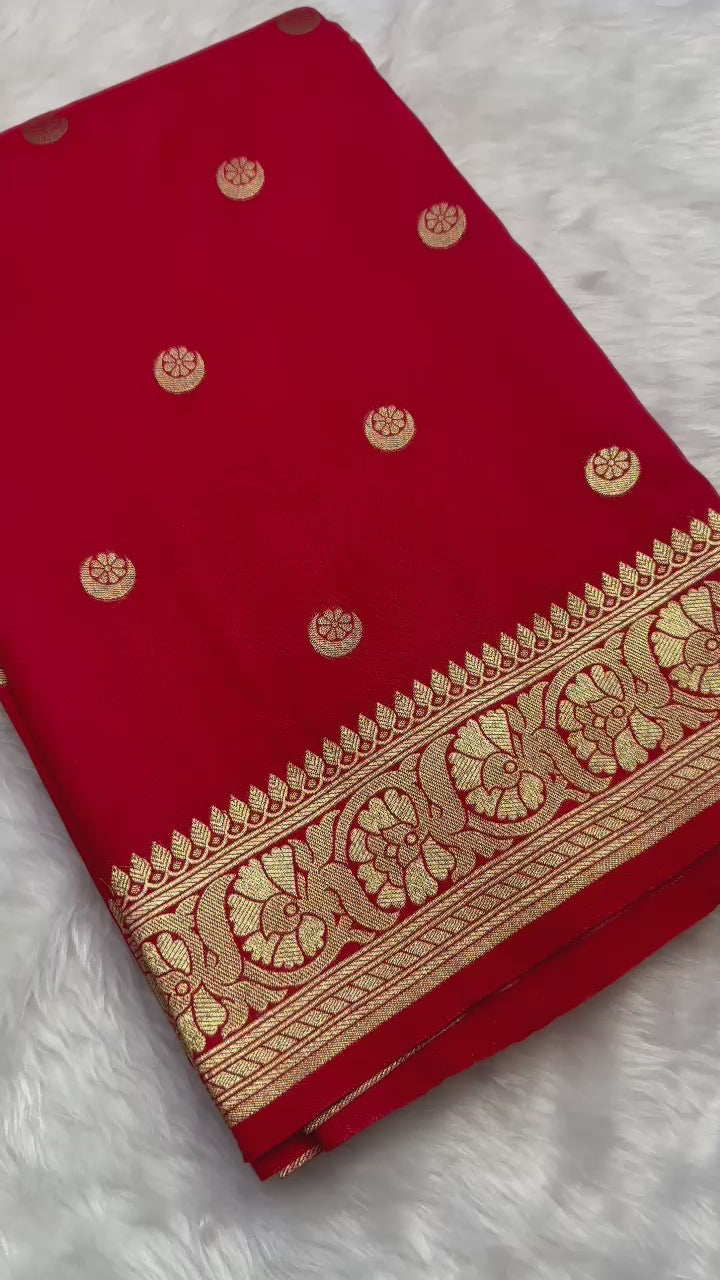 Red Woven Design Soft Silk Saree with Golden Zari Work