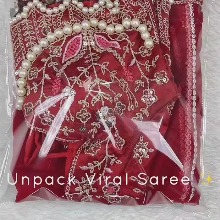 Premium Net Embellished With Beautiful Embroidery Heavy Hand Diamond Work Saree
