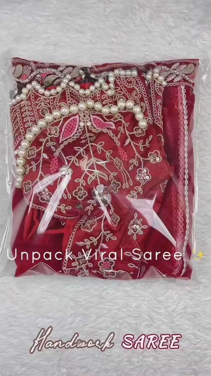 Premium Net Embellished With Beautiful Embroidery Heavy Hand Diamond Work Saree