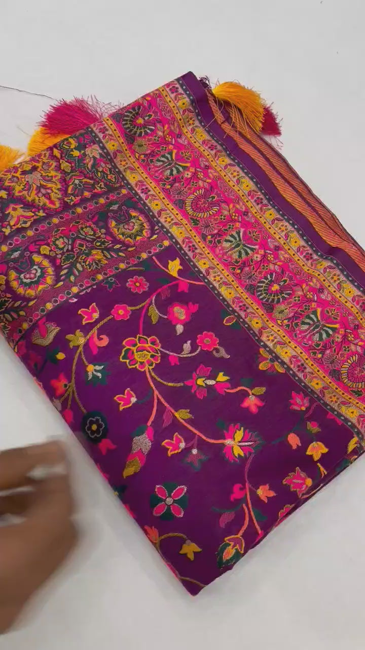 Rich Purple Pashmina Kashmiri Sarees with meena weaves and kashmiri weaves