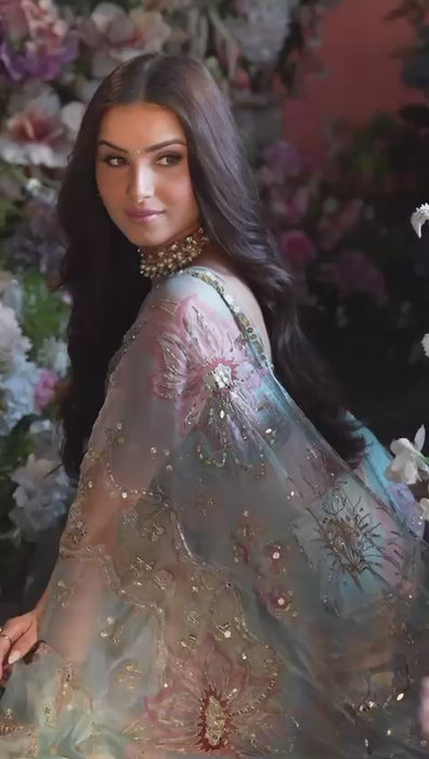 Designer Georgette Hand Mirror Work Party Wear Saree