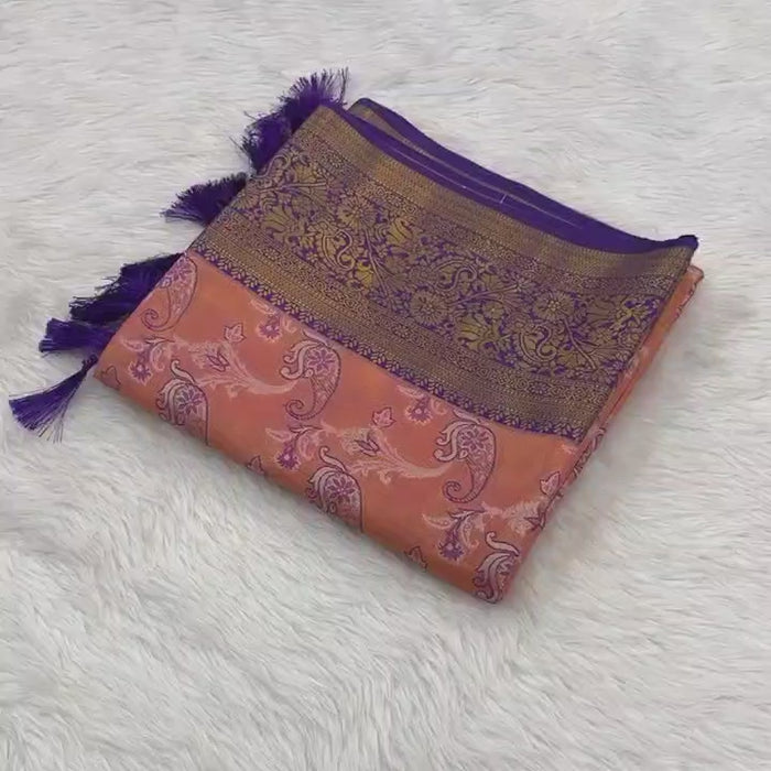 Salmon Pink Dharmavaram Soft Banarsi Tissue Saree