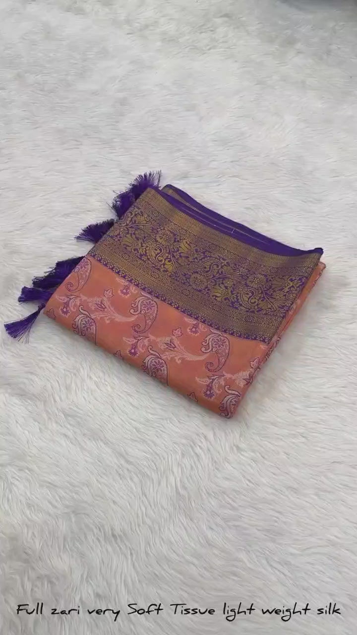 Salmon Pink Dharmavaram Soft Banarsi Tissue Saree