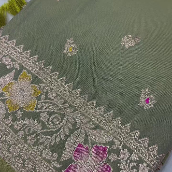 Pista Green Soft Banarasi Silk Saree With Zari Weaving Meenakari