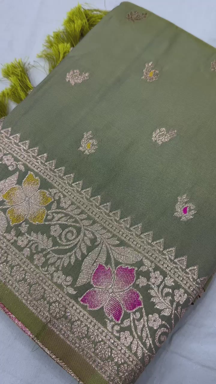 Pista Green Soft Banarasi Silk Saree With Zari Weaving Meenakari