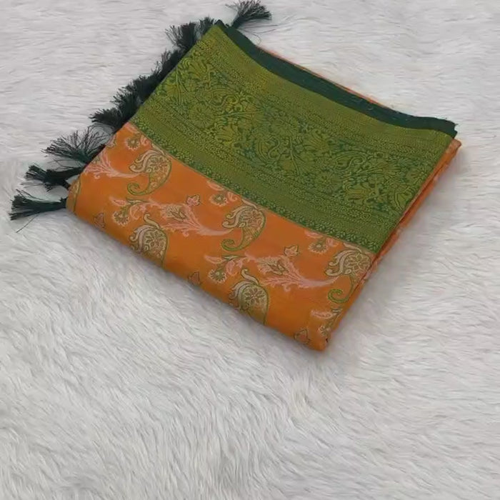Pumpkin Orange Dharmavaram Soft Banarsi Tissue Saree
