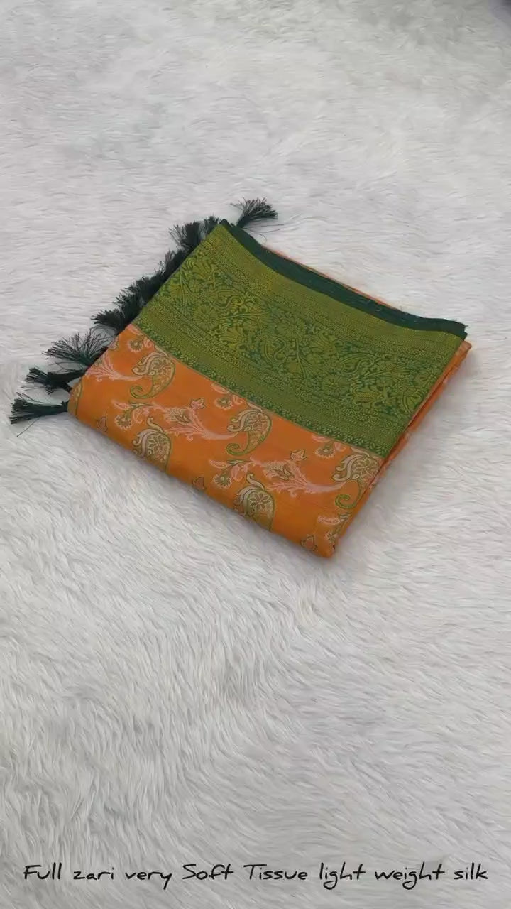 Pumpkin Orange Dharmavaram Soft Banarsi Tissue Saree