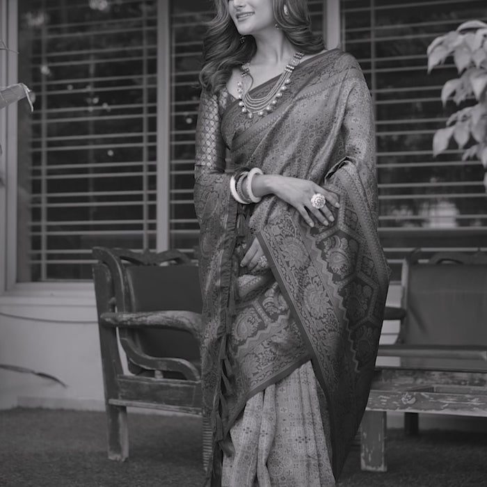 Dusty Grey Designer Tassels Premium Banarsi Silk Saree