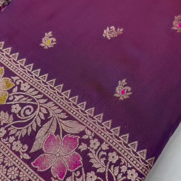 Wine Soft Banarasi Silk Saree With Zari Weaving Meenakari