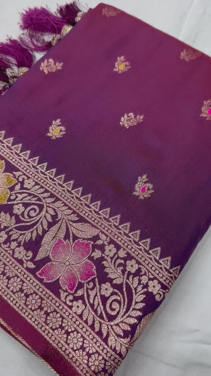 Wine Soft Banarasi Silk Saree With Zari Weaving Meenakari