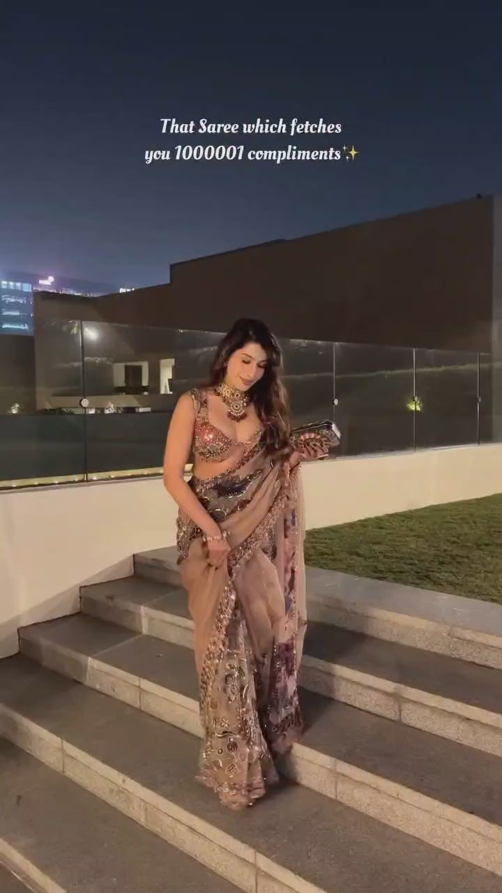 Beige-Georgette-Hand-Mirror-Work-Saree