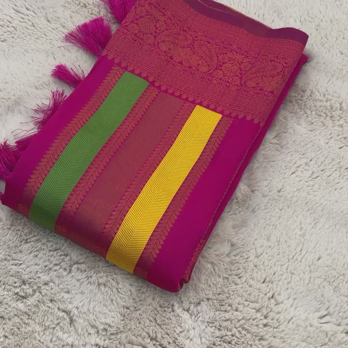Rosy Pink Pure Soft Semi Kanjivaram Pattu Silk Saree