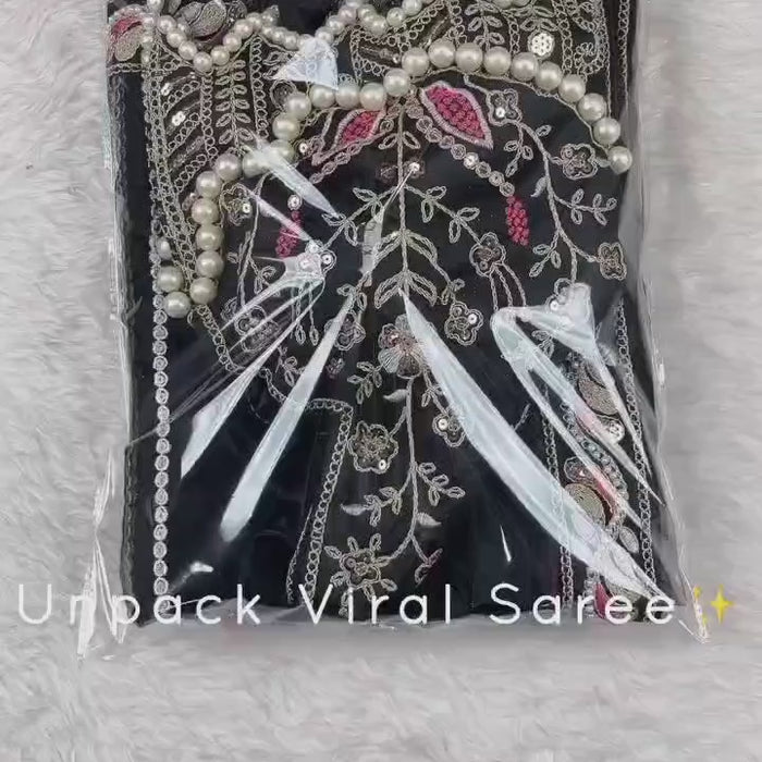 Premium Net Embellished With Beautiful Embroidery Heavy Hand Diamond Work Saree