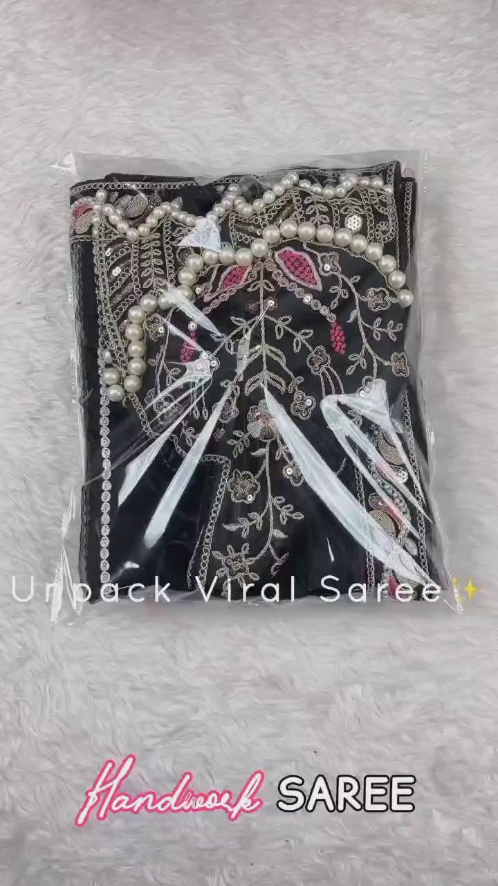 Premium Net Embellished With Beautiful Embroidery Heavy Hand Diamond Work Saree