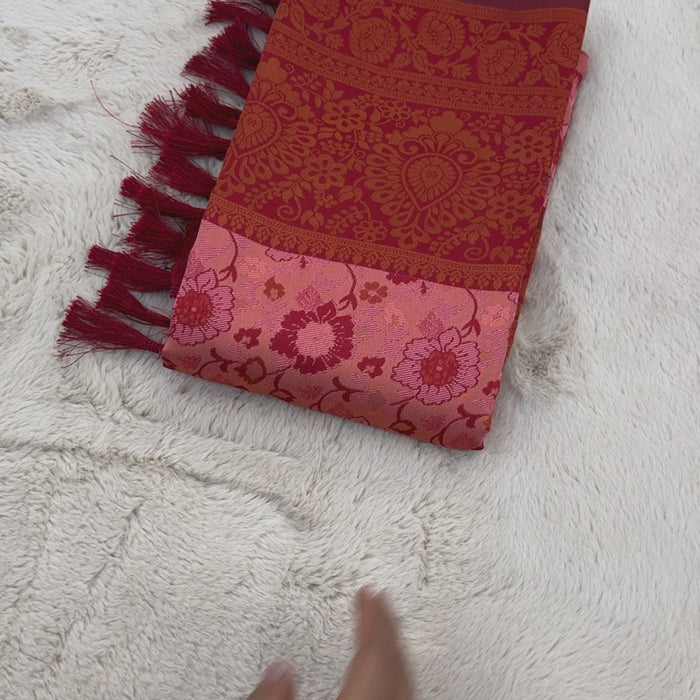 Pink and Peach Designer Tassels Banarsi Silk Saree