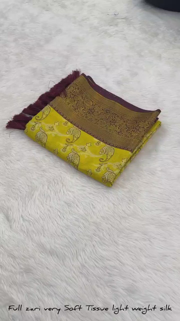 Muddy Yellow Dharmavaram Soft Banarsi Tissue Saree