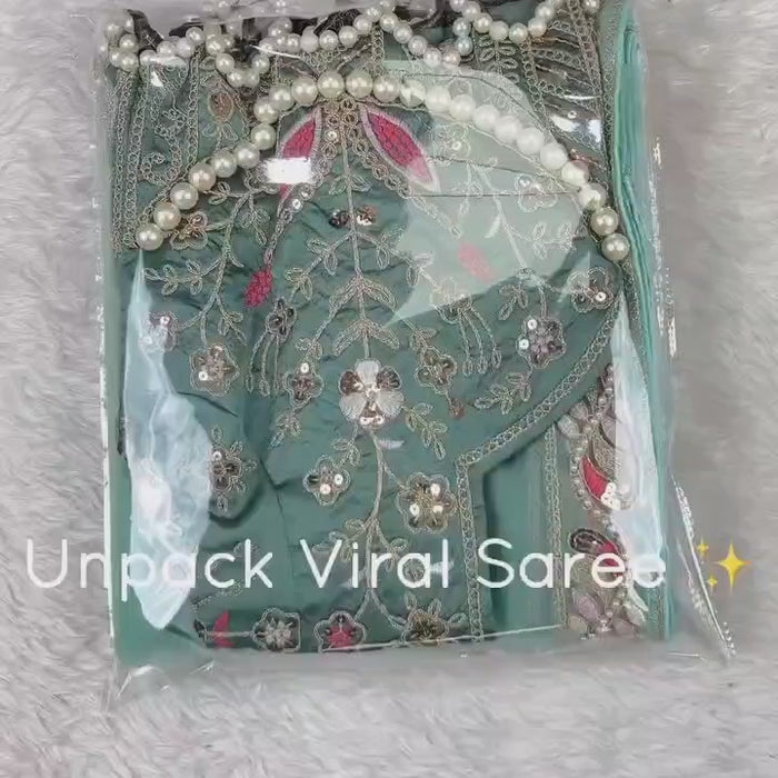 Premium Net Embellished With Beautiful Embroidery Heavy Hand Diamond Work Saree