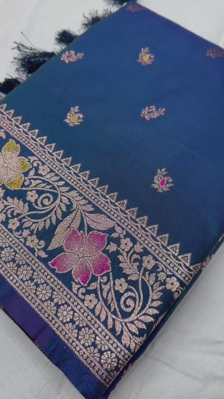 Sky Blue Soft Banarasi Silk Saree With Zari Weaving Meenakari