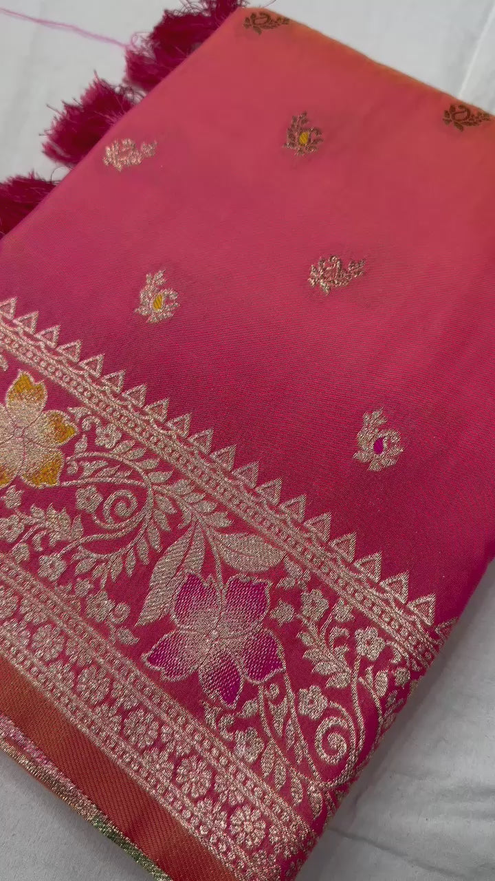 Gajri Pink Soft Banarasi Silk Saree With Zari Weaving Meenakari