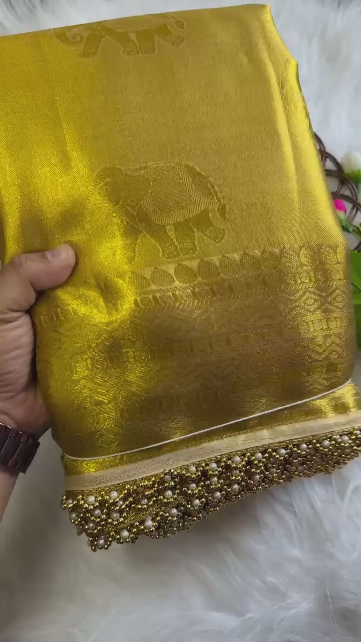 Golden Tissue Silk Saree with Ghungroo and Pearl Border