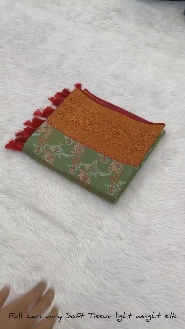 Muddy Green Dharmavaram Soft Banarsi Tissue Saree