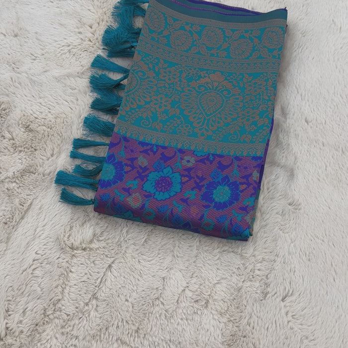 Purple and Teal Designer Tassels Banarsi Silk Saree