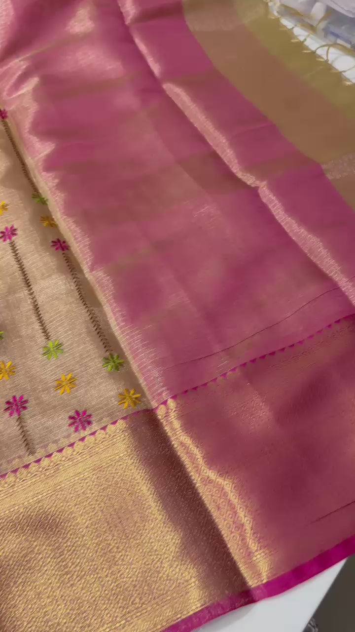 Handwoven Embroidery Tissue Saree With Zari Broad Border