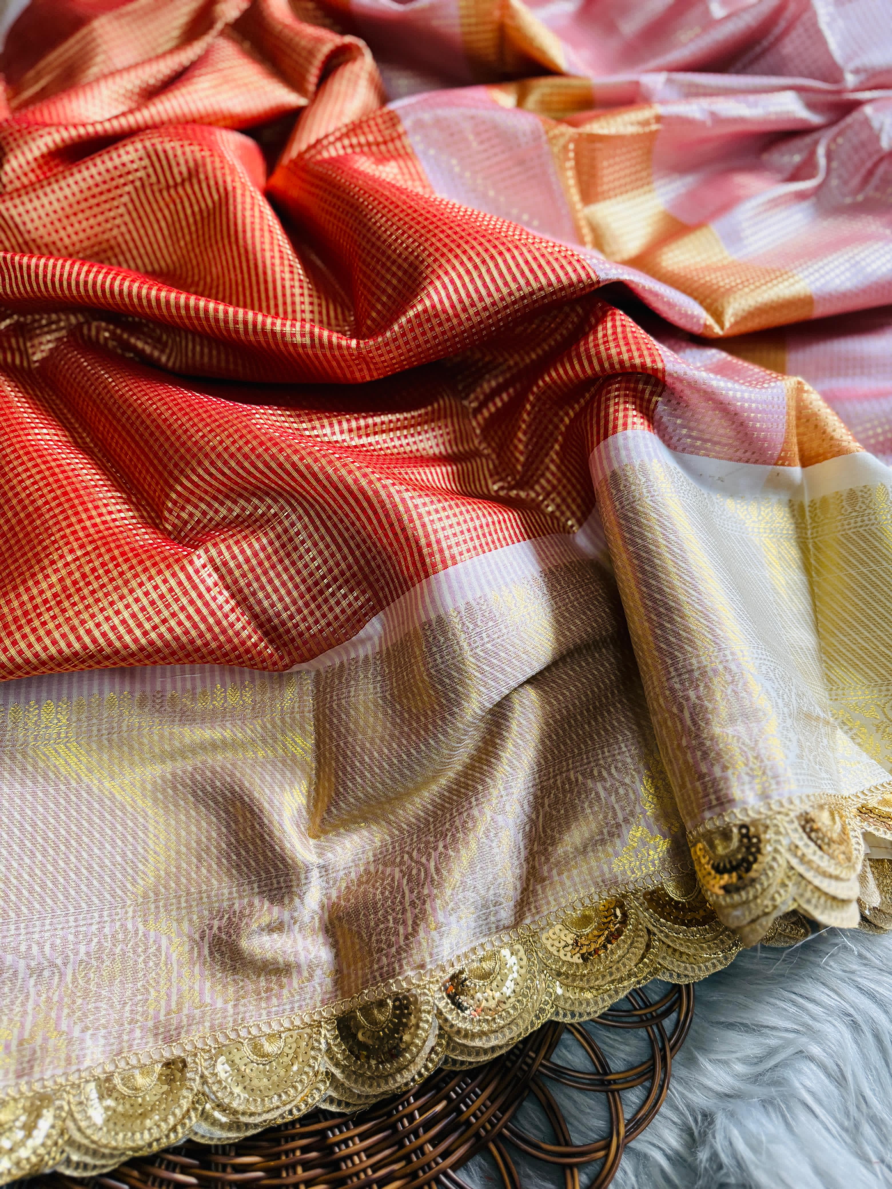 Reddish Orange Soft Banarsi Handloom Soft Tissue Silk Saree