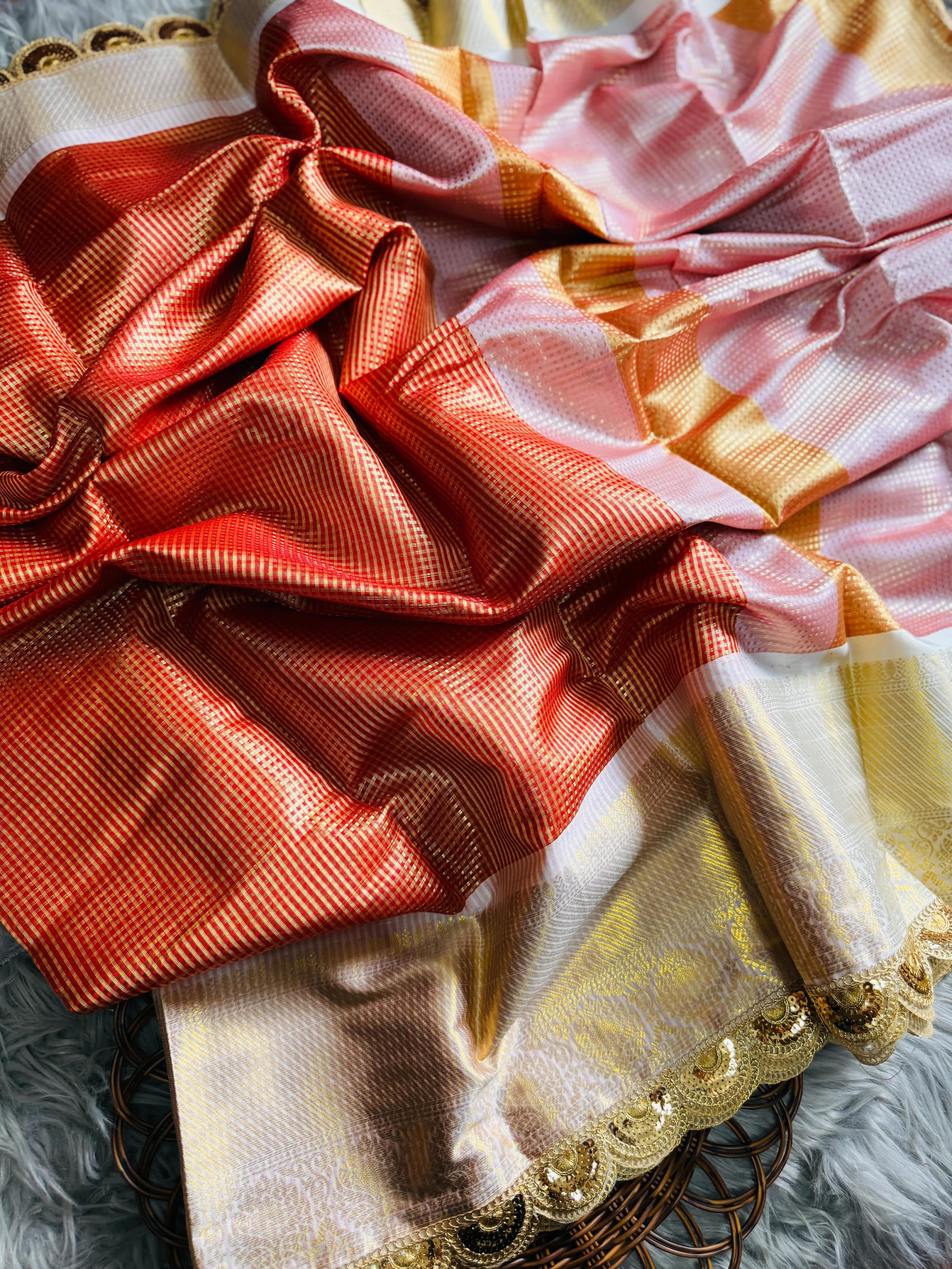 Reddish Orange Soft Banarsi Handloom Soft Tissue Silk Saree