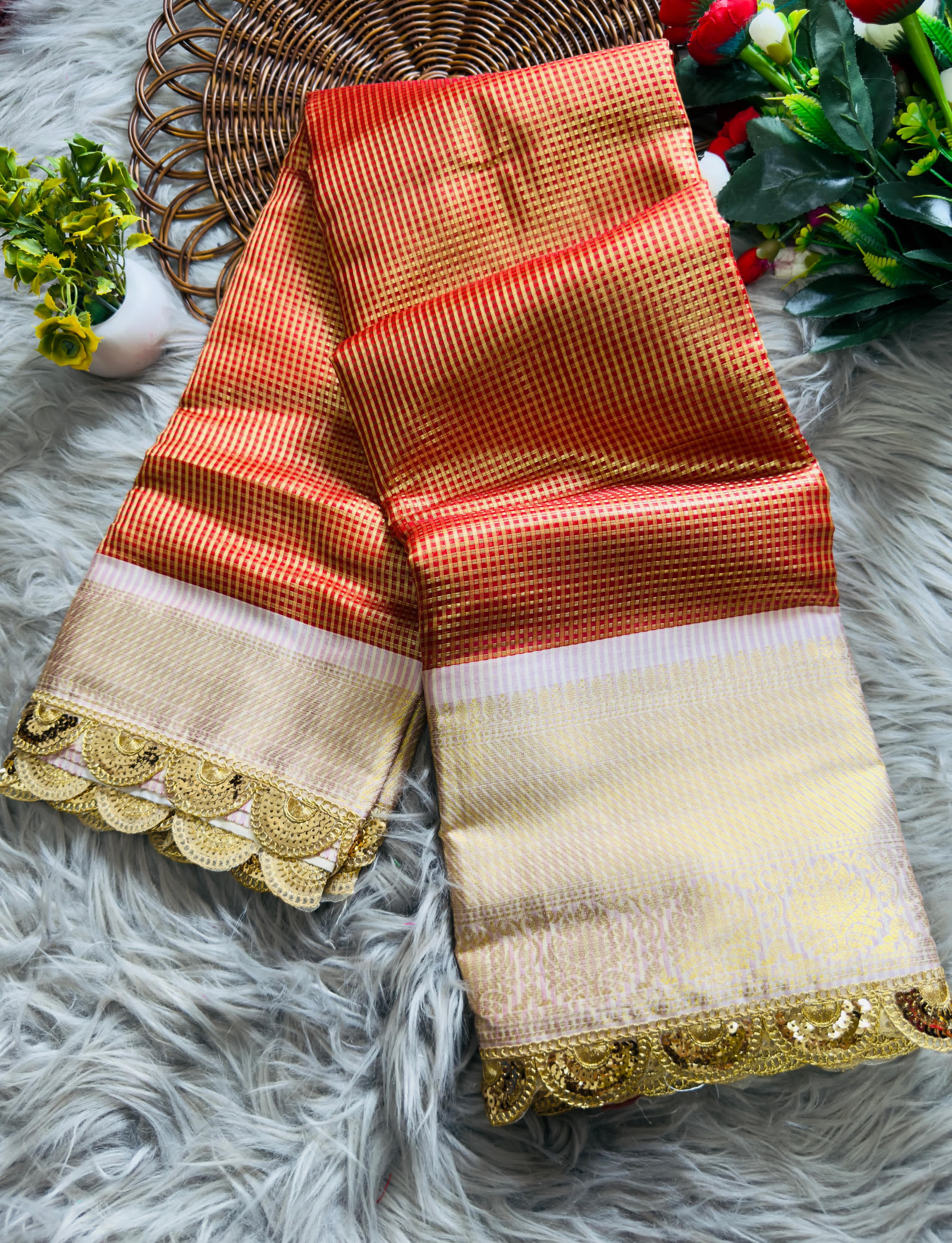 Reddish Orange Soft Banarsi Handloom Soft Tissue Silk Saree